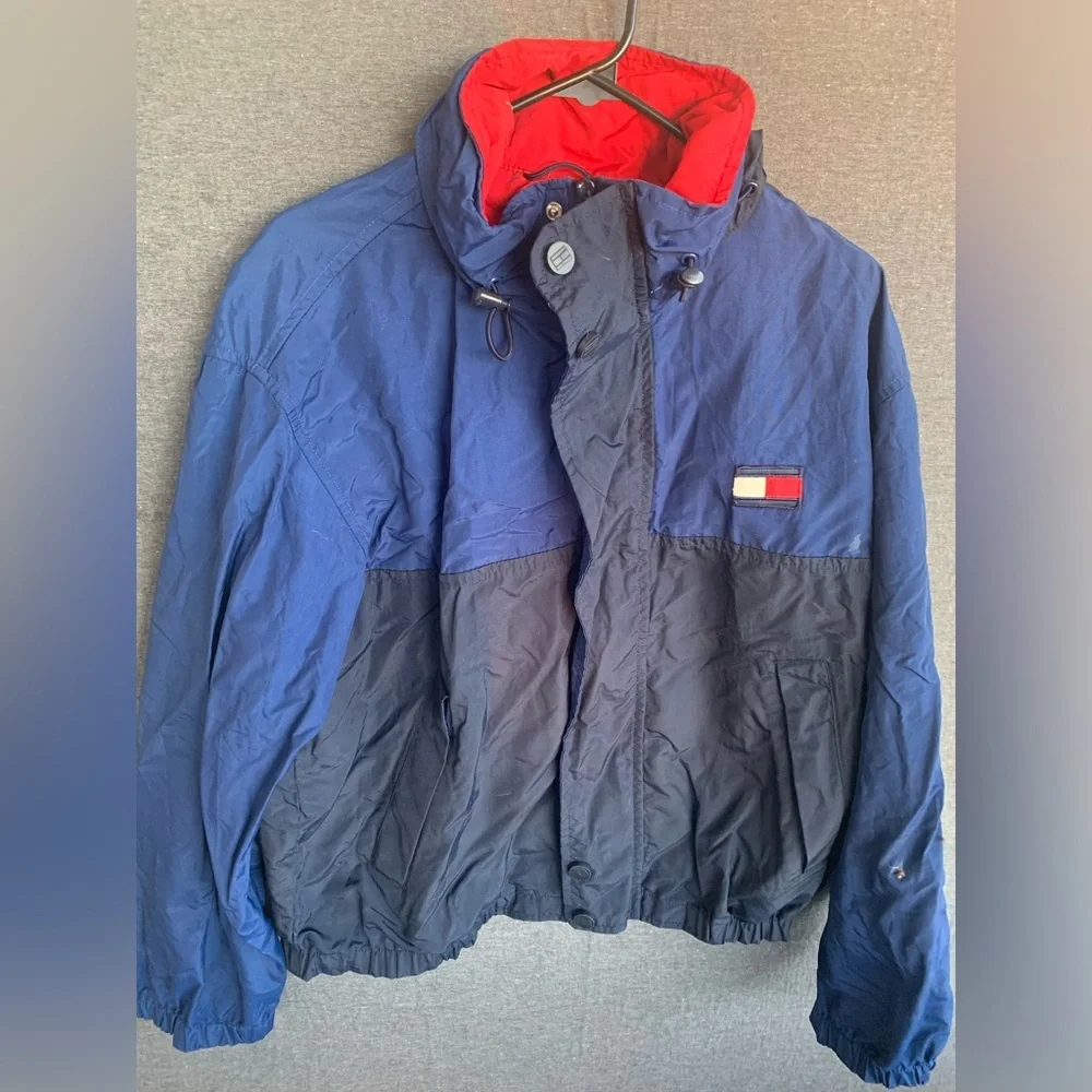 Vintage 90s Tommy Hilfiger Windbreaker Hooded Jacket Colorblock Spellout Small